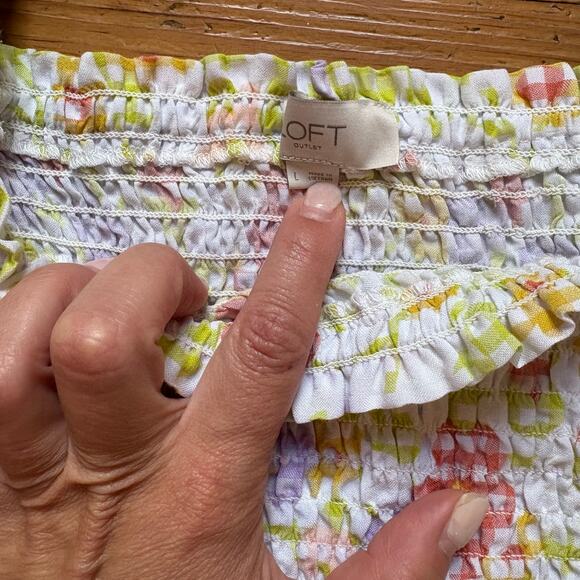 LOFT pastel floral smocked short sleeve puff sleeve midi dress SIZE L - Picture 4 of 7